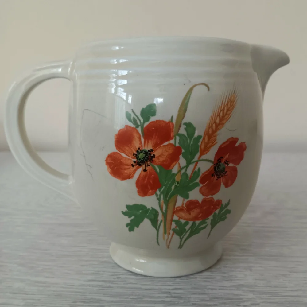 Hall's Kitchenware Vintage 1930s Pale Yellow Wild Poppy & Wheat Ceramic Pitcher